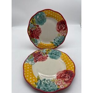 2 PIONEER WOMAN Stoneware BLOSSOM JUBILEE Dinner Plates Yellow Red Floral 10"